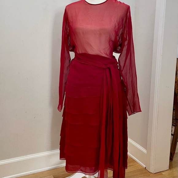Morgane Le Fay Dresses & Skirts - Morgane Le Fay Red Silk Chiffon Tier Skirt & Sheer Top Dress Outfit, size L